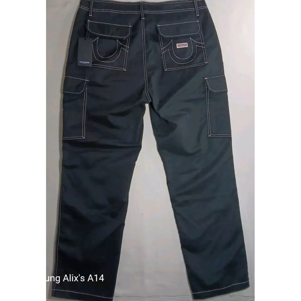 True Religion Cargo Pants Jet‎ Black White Stitch 108335R Mens Size 36
